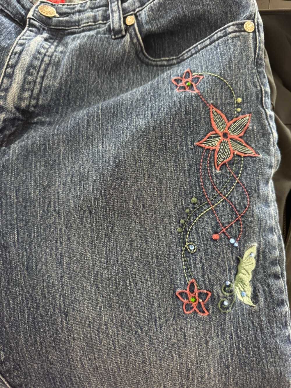 Embroidered Blue Denim Jeans with Floral Detail